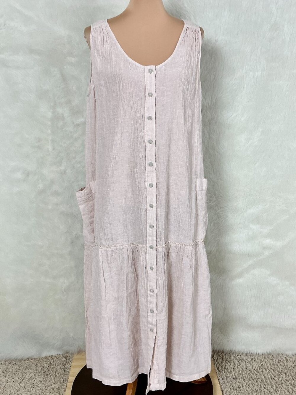Poetry Pink Tiered Linen Cotton Gauze Sleeveless Button Front Midi Dress US 16